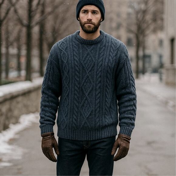 NEW! British Wool Men's XL Cableknit Aran Fisherman Sweater Hand Knit Navy Blue - Picture 1 of 8